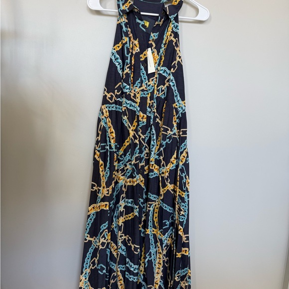 đź’‹NWTđź’‹Anthropologie Navy Chain-Print Backless Halter Maxi Dress 076 - Picture 2 of 10